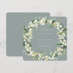 Square Green Snowberry+Eucalyptus Wreath Wedding Invitation