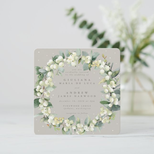 Square Greige Snowberry+Eucalyptus Wreath Wedding Invitation (Standing Front)