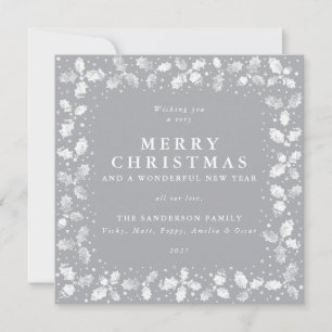 Square Grey Hand Printed Holly Merry Christmas Holiday Card