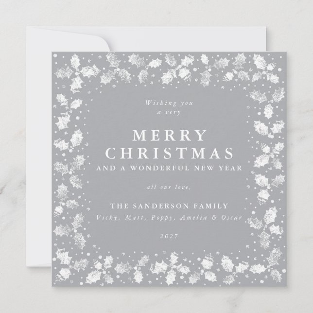 Square Grey Hand Printed Holly Merry Christmas Holiday Card (Front)