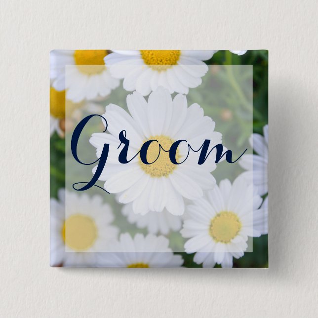 Square Groom Floral Wedding Buttons With Daisy (Front)