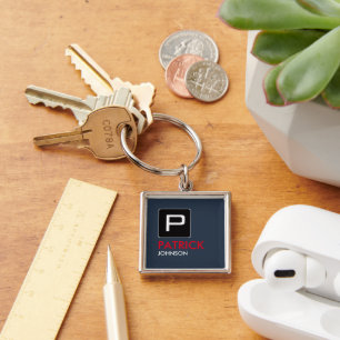 square keychain with name and initial monogram