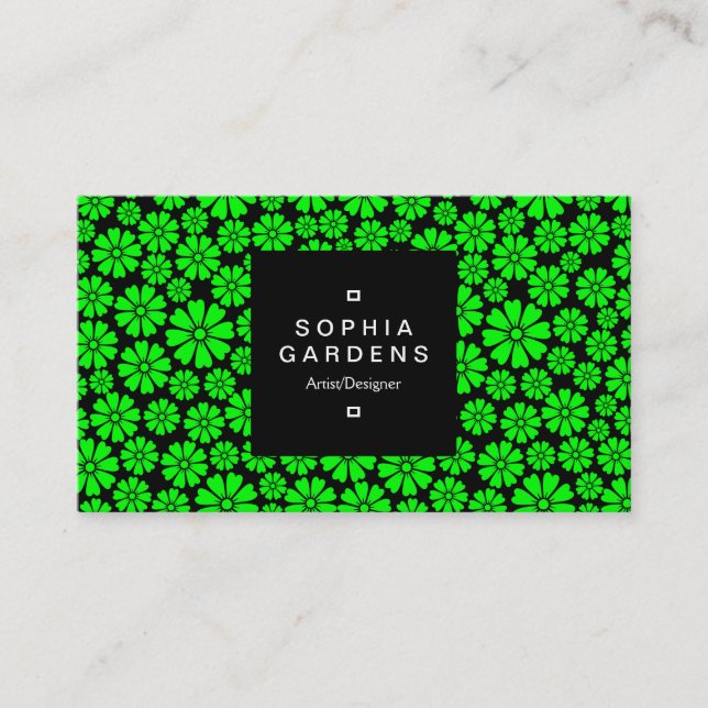 Square Label 01a - 8 Petals - Green on Black Business Card (Front)