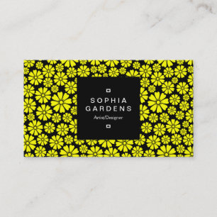 Square Label 01a - 8 Petals - Yellow on Black Business Card