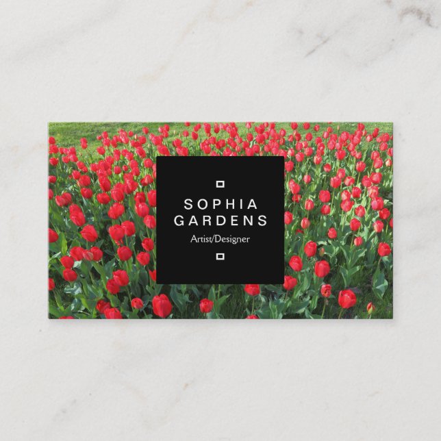 Square Label 01a - Bed of Red Tulips 01 Business Card (Front)
