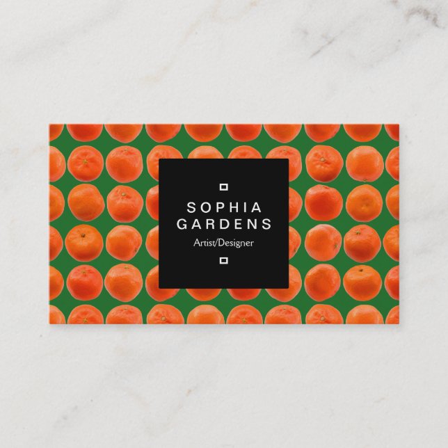 Square Label 01a - Clementine Pattern - Green Business Card (Front)