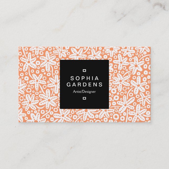 Square Label 01a - Flower Pattern - Wt on Apricot Business Card (Front)