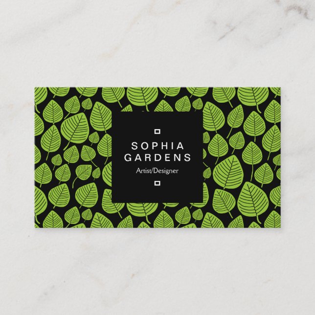Square Label 01a - Leaf pattern 02 - Martian Green Business Card (Front)