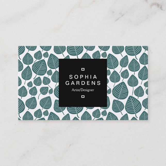 Square Label 01a - Leaf pattern 02 - Moss Green Business Card (Front)