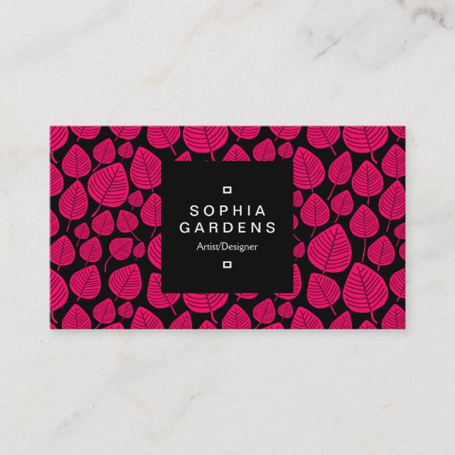 Square Label 01a - Leaf pattern 02 - Neon Red Business Card (Front)