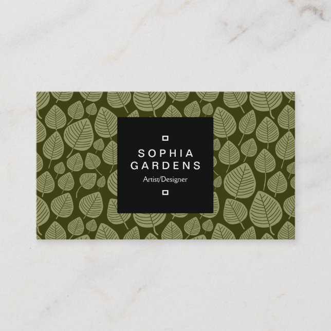 Square Label 01a - Leaf pattern 02 - Olive Shades Business Card (Front)