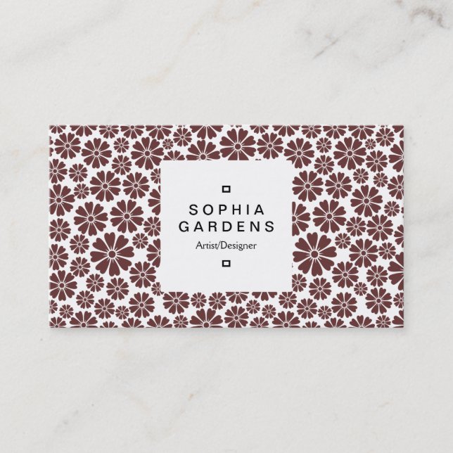Square Label 03a - 8 Petals - Dk Brown on White Business Card (Front)