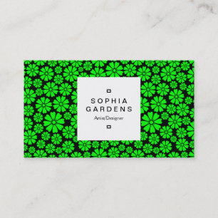 Square Label 03a - 8 Petals - Green on Black Business Card
