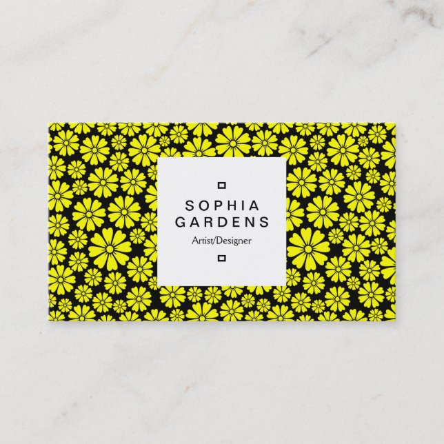 Square Label 03a - 8 Petals - Yellow on Black Business Card (Front)