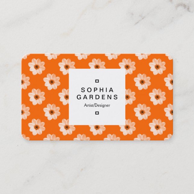 Square Label 03a -  Dahlia Pattern Orange Business Card (Front)