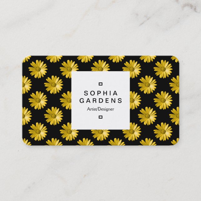 Square Label 03a - Daisy Pattern -  Amber on Black Business Card (Front)
