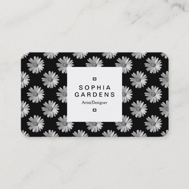 Square Label 03a - Daisy Pattern -  Black & White Business Card (Front)