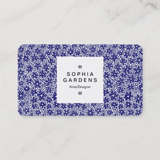 Square Label 03a - Flower Pattern - Dk Blue on Wt Business Card (Front)