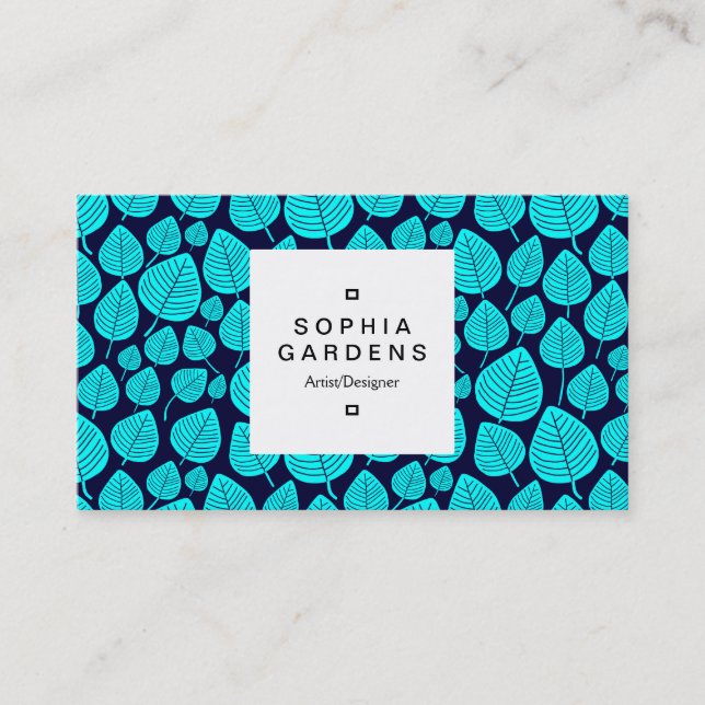 Square Label 03a - Leaf pattern 02 - Cyan Business Card (Front)