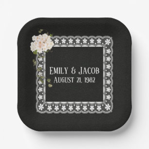 Square Lace On Black Leather Paper Plate