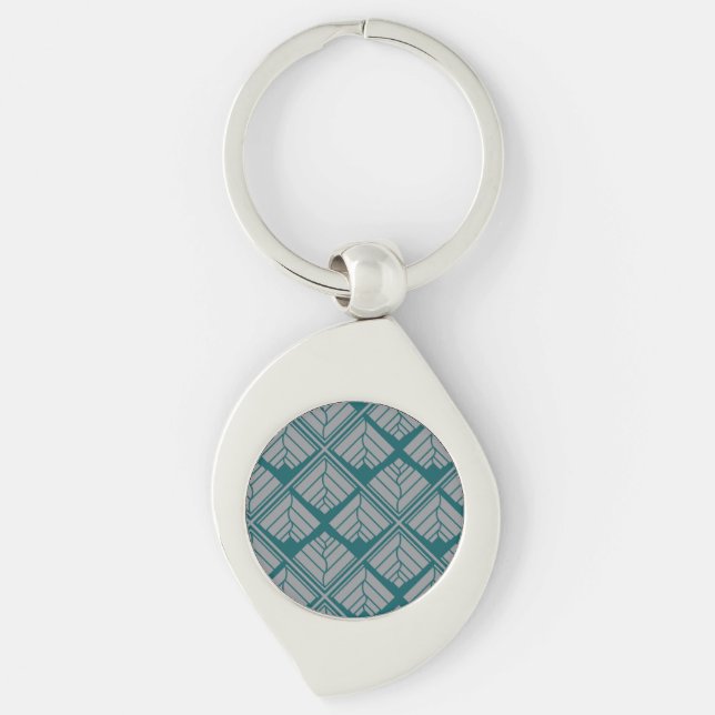 Square Leaf Pattern Teal Neutral Key Ring (Front)