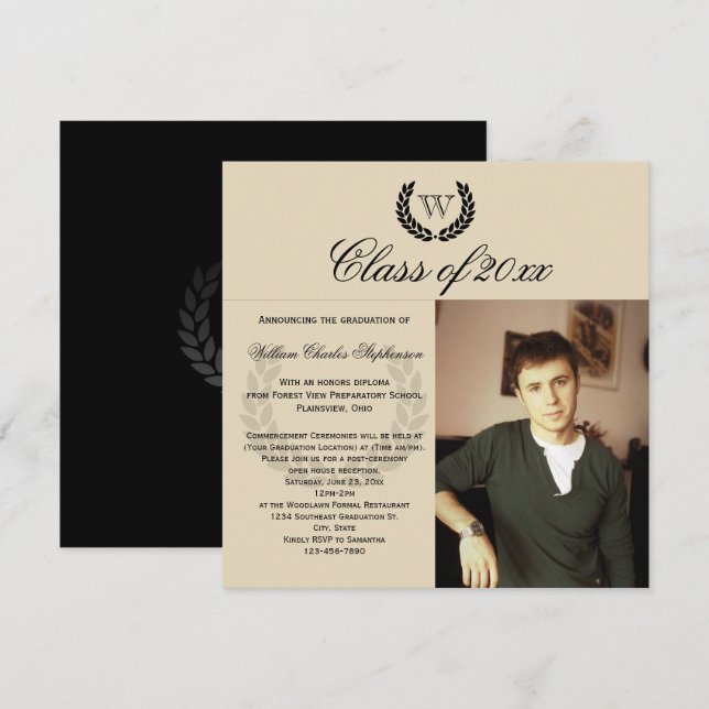 Square Letter Monogram Classic Photo Graduation Invitation (Front/Back)
