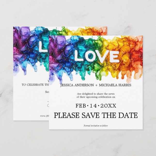 🌈 🐦 Square LGBTQ Painted With Love wedding  Save The Date (Front/Back)