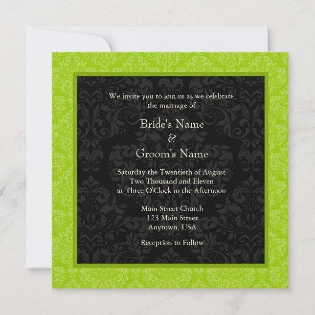 Square Lime Greeen Damask Monogram Wedding Invites (Front)