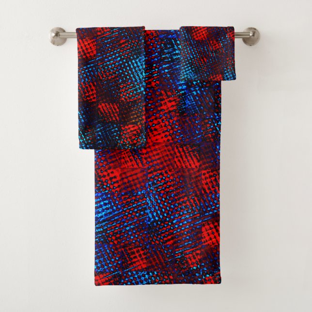 Square-lined scratched out red and royal blue bath towel set (Insitu)