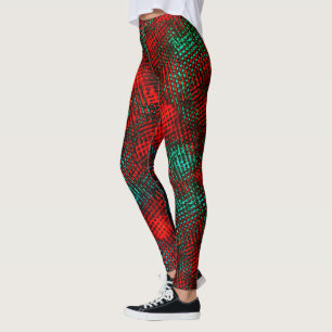 Square-lined scratched, red and greenish blue leggings