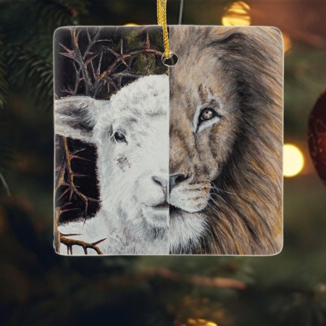 Square Lion and Lamb Christmas ornament with photo (Creator Uploaded)