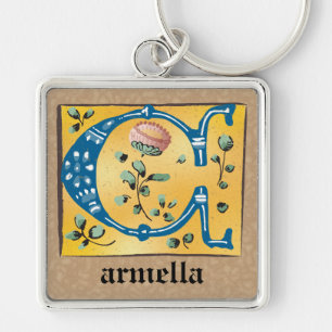 Square Mediaeval Floral Illuminated C Monogram Key Ring