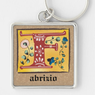 Square Mediaeval Floral Illuminated F Monogram Key Ring