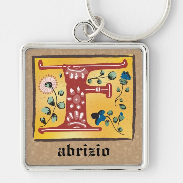 Square Mediaeval Floral Illuminated F Monogram Key Ring (Front)