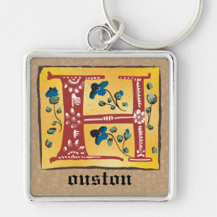 Square Mediaeval Floral Illuminated H Monogram Key Ring