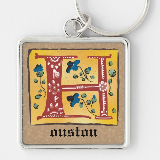 Square Mediaeval Floral Illuminated H Monogram Key Ring (Front)
