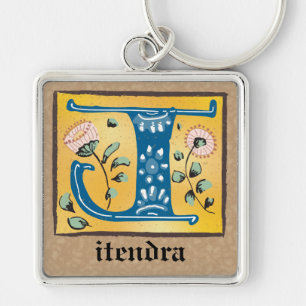 Square Mediaeval Floral Illuminated J Monogram Key Ring