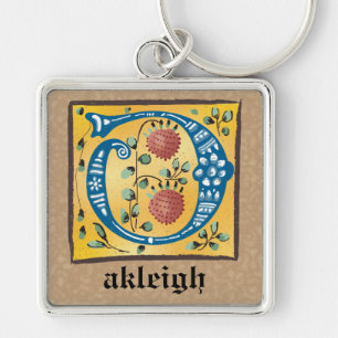 Square Mediaeval Floral Illuminated O Monogram Key Ring