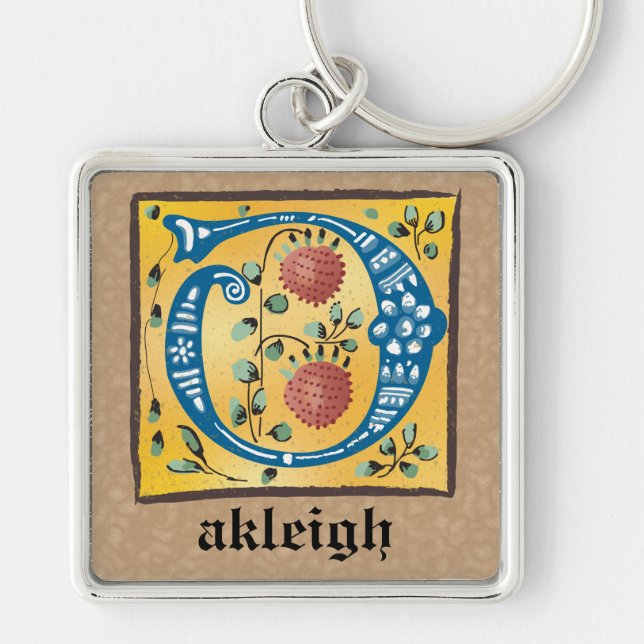 Square Mediaeval Floral Illuminated O Monogram Key Ring (Front)