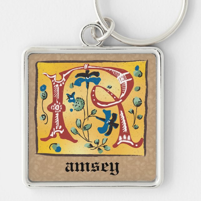 Square Mediaeval Floral Illuminated R Monogram Key Ring (Front)