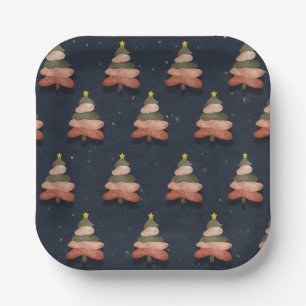 Square Midnight Blue Christmas Tree Pattern Small Paper Plate