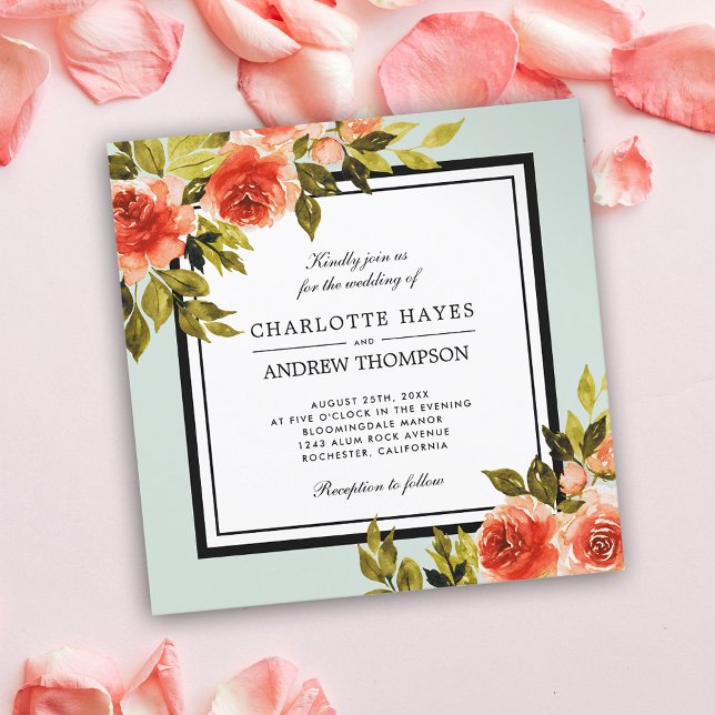 Square Mint Green Watercolor Roses Floral Wedding Invitation (Creator Uploaded)