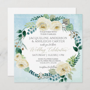 Square Modern Blue n White Rose Eucalyptus Wreath Invitation