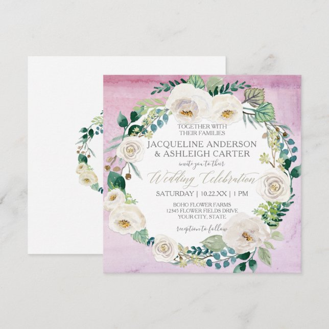 Square Modern Lavender White Rose Leaf Wreath Invitation (Front/Back)