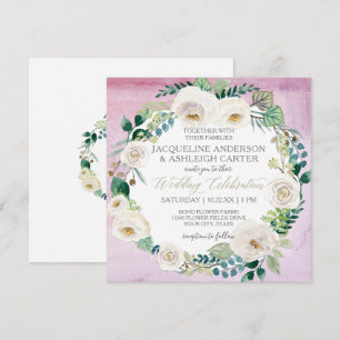 Square Modern Lavender White Rose Leaf Wreath Invitation