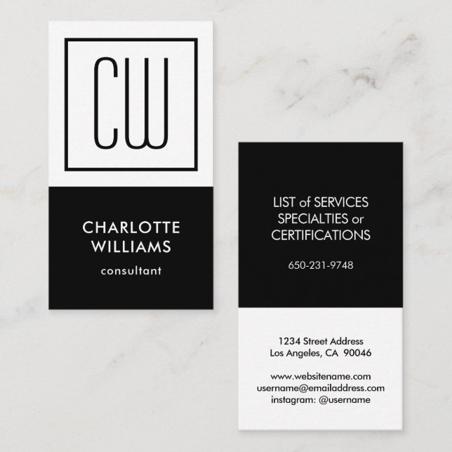 Square Monogram Minimalist Black & White Vertical Business Card (Front/Back)