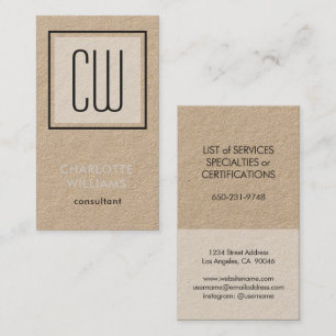 Square Monogram Modern Minimalist Kraft & Black Business Card
