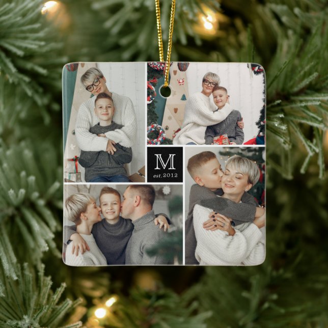 Square Monogram Simple Photo Collage Christmas Ceramic Tree Decoration (Tree)