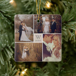 Square Monogram Simple Photo Collage Holiday Ceramic Ornament
