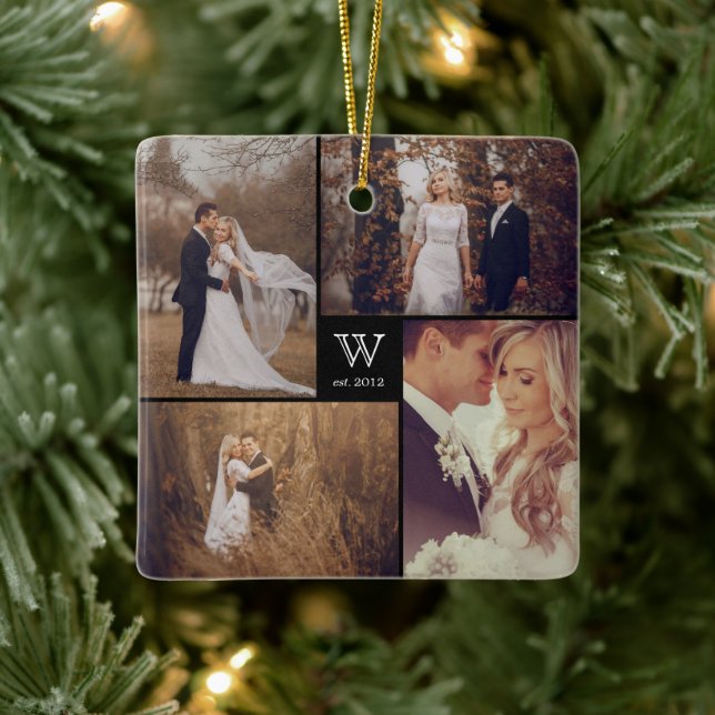 Square Monogram Simple Photo Collage Holiday Ceramic Tree Decoration (Tree)